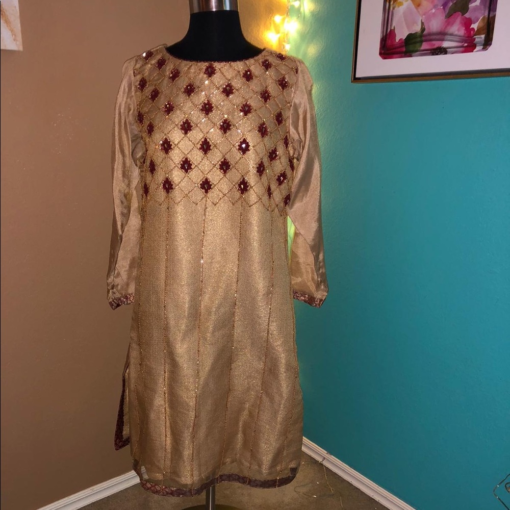 PAKISTANI DESIGNER JEEM SUIT IN MAROON AND GOLD